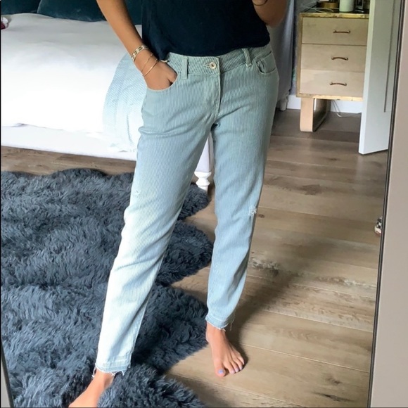 ZARA Basic Denim Mid Rise Straight Leg Pinstriped Blue Jeans Size 6 - Picture 1 of 5